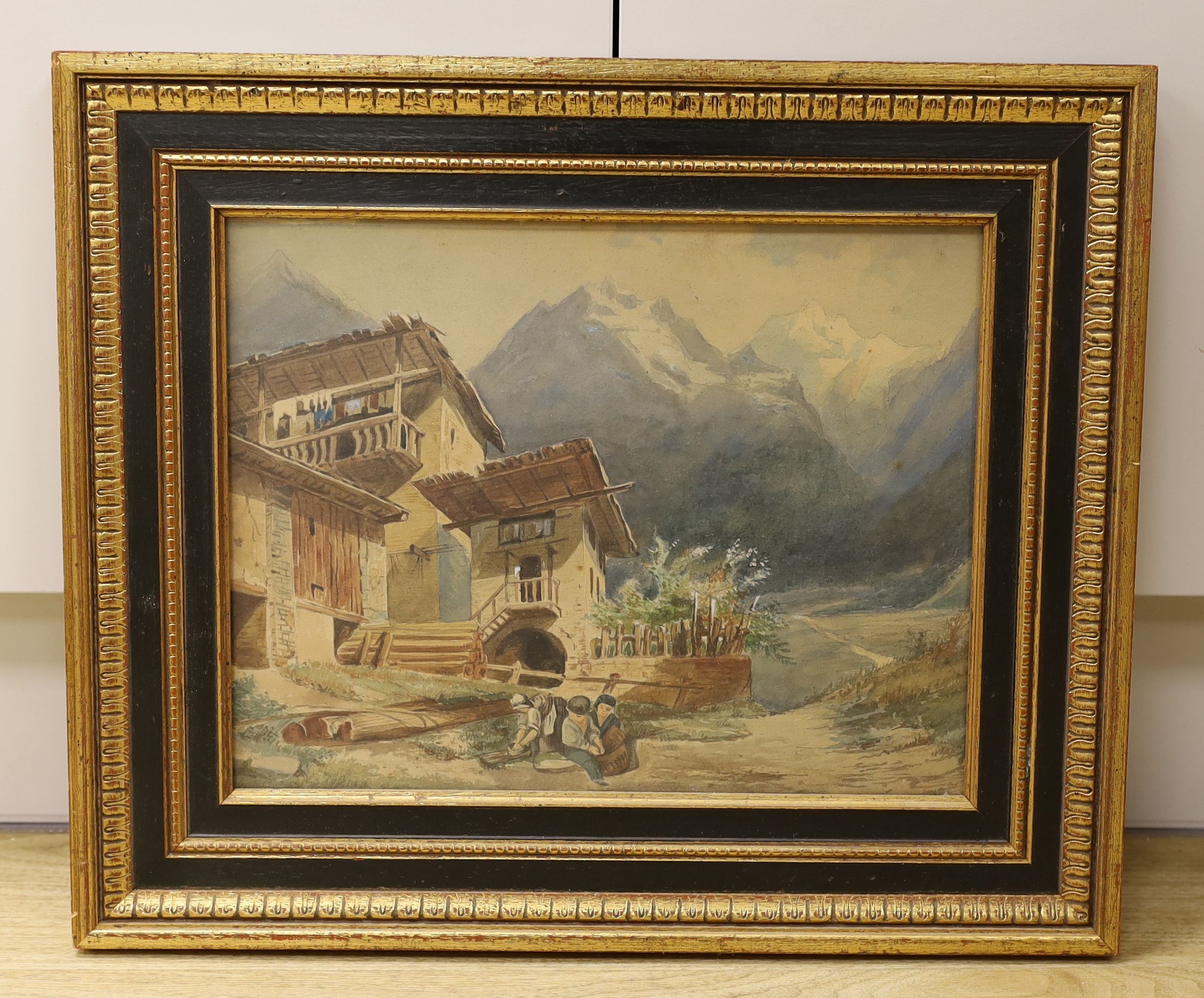 19th century Continental School, watercolour, Children beside alpine houses, 27 x 34cm